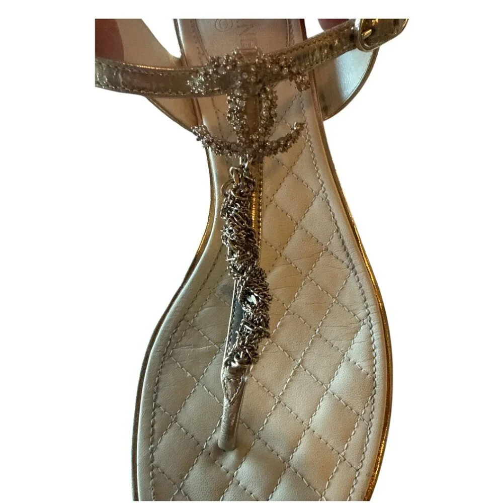 Chanel Crystal Embellished CC Logo T-Strap Sandal - Gold - 9 US 40C EU - Picture 2 of 6